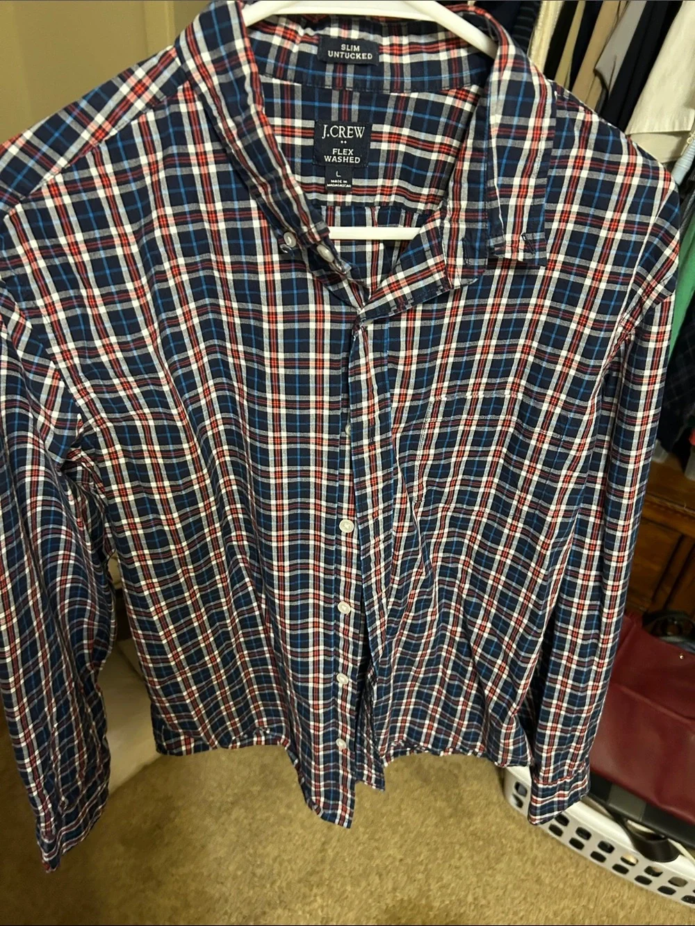 J. Crew Slim Untucked Plaid Button-Down Shirt - Navy, Red, White